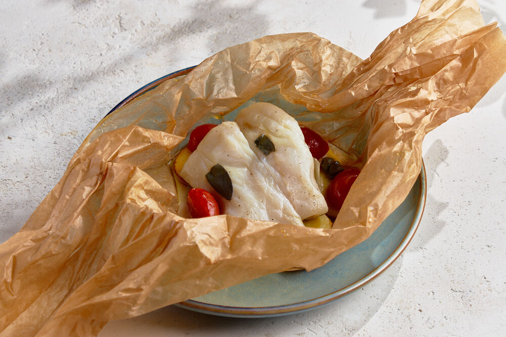 Baked in parchment turbot