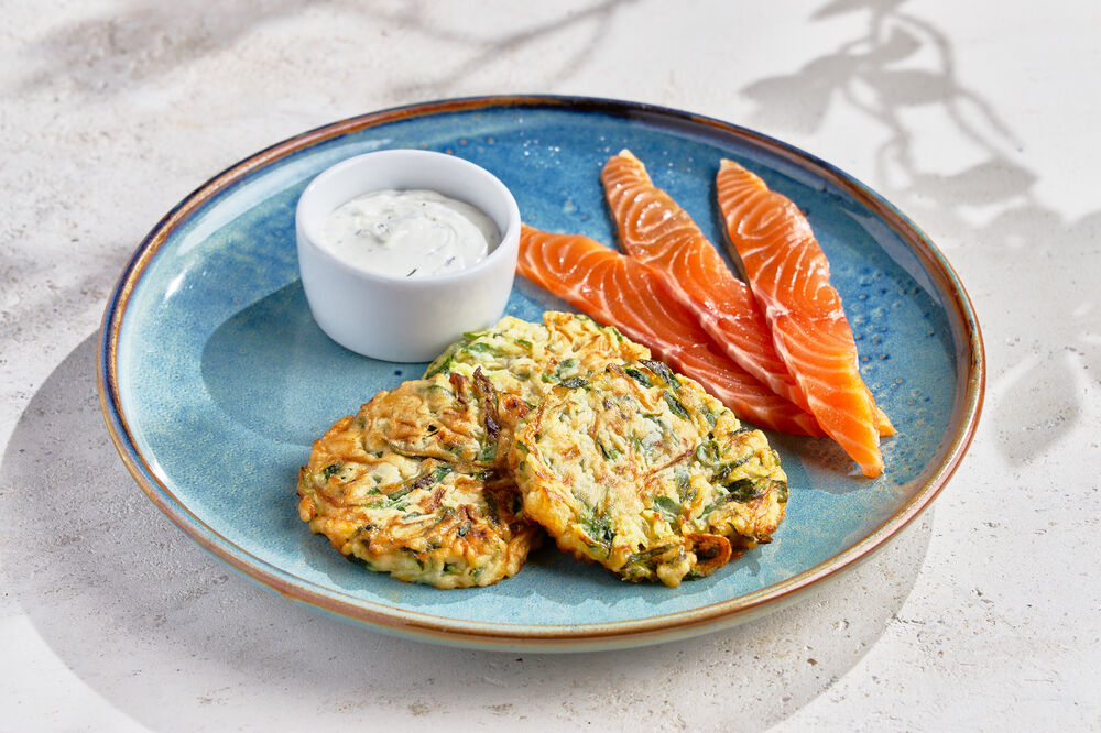 Zucchini Pancakes with Salmon and Cream