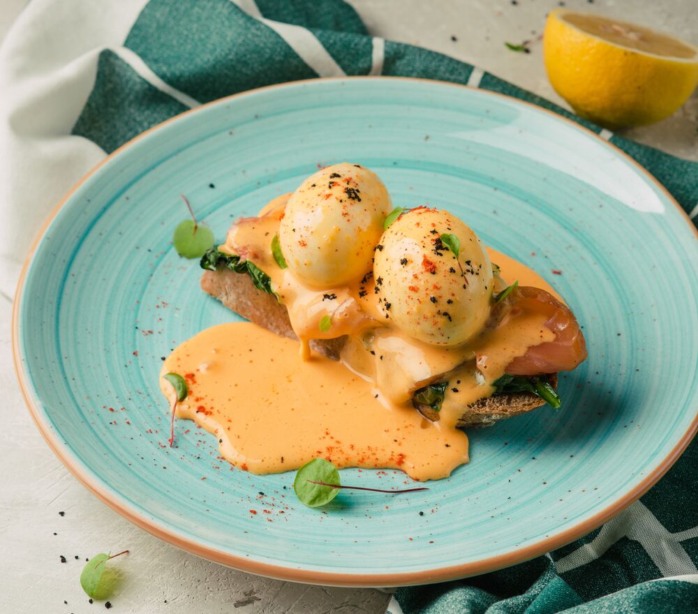 Salmon chief-ambassador with eggs Benedict