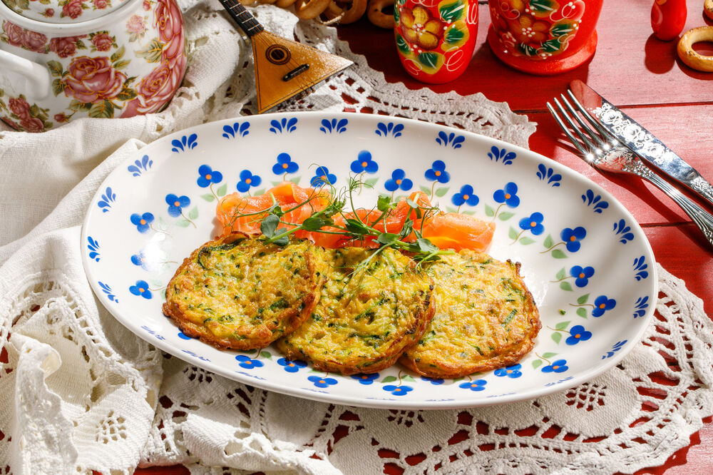 Zucchini fritters with salmon