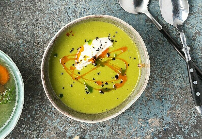 Cream soup of zucchini with smoked Suluguni cheese