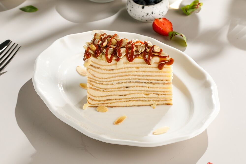 Pancake mille-feuille with baked condensed milk