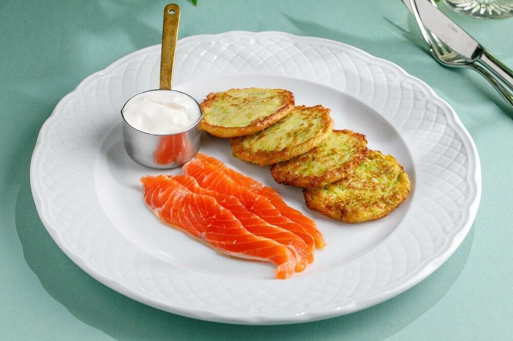 Zucchini pancakes with trout chef-salted