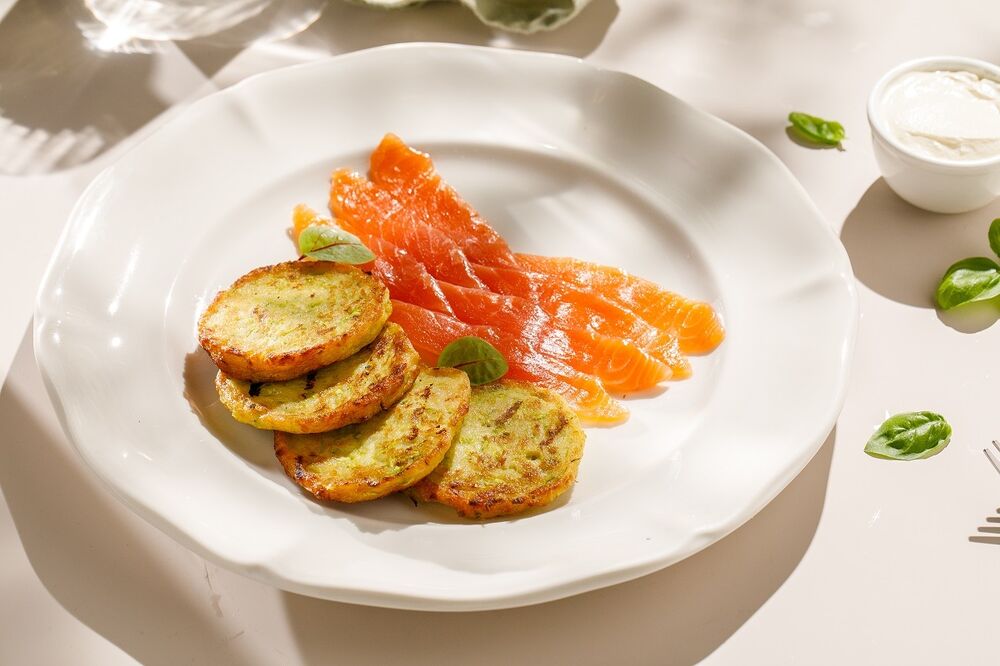 Zucchini pancakes with trout chef-salted