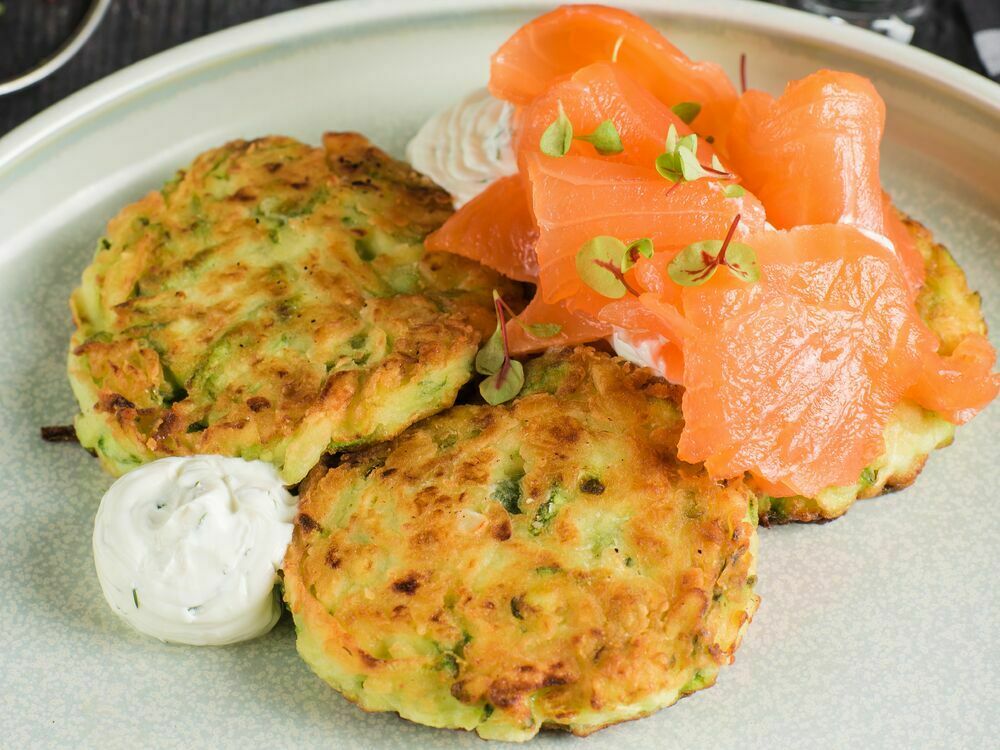 Zucchini fritters with salmon