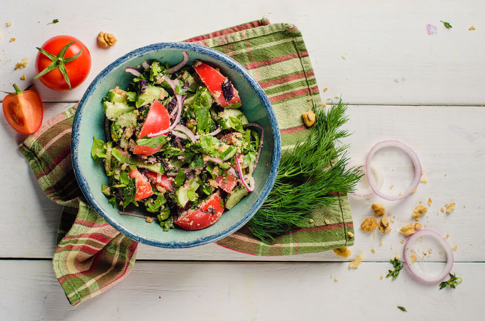Georgian style vegetable salad with nuts