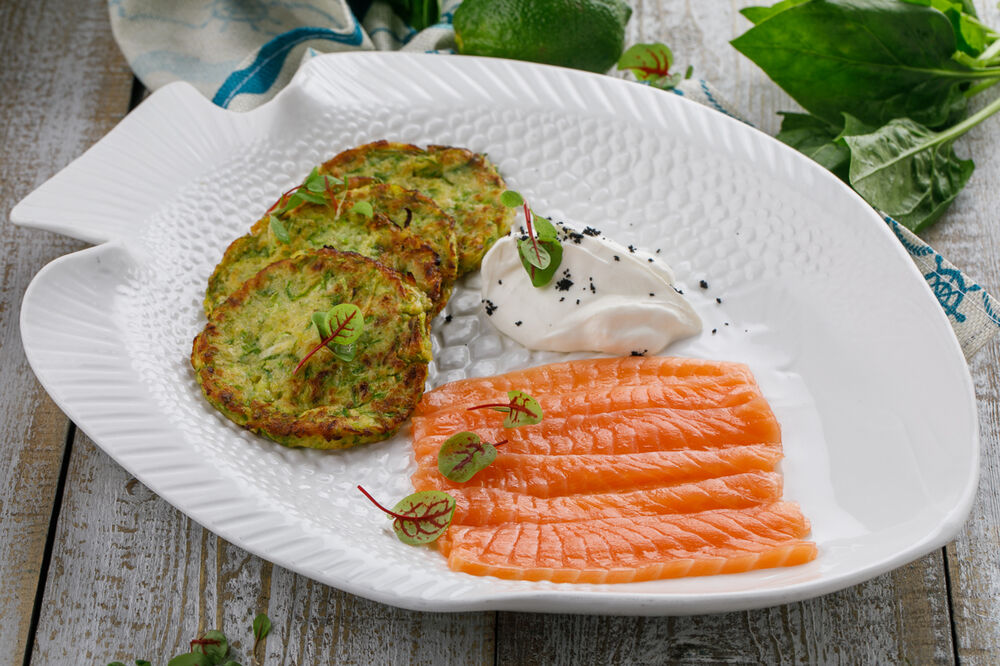 Salted salmon with zucchini pancakes