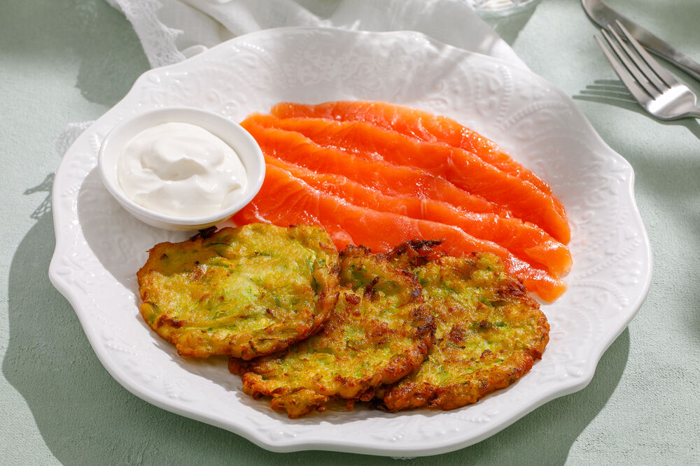  homemade zucchini pancakes with salmon chef salting