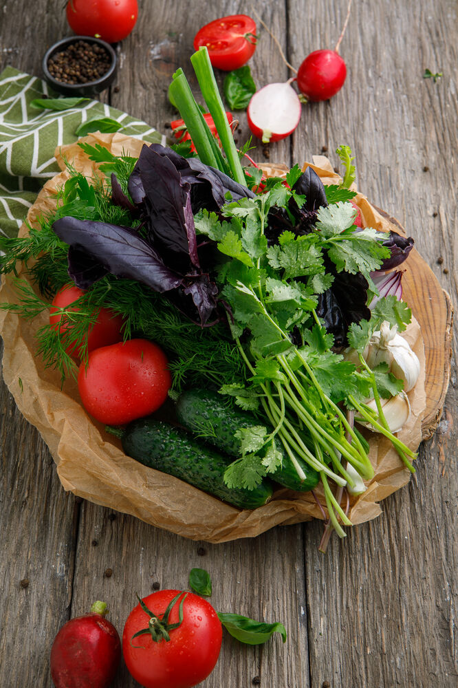Seasonal vegetables with garden herbs