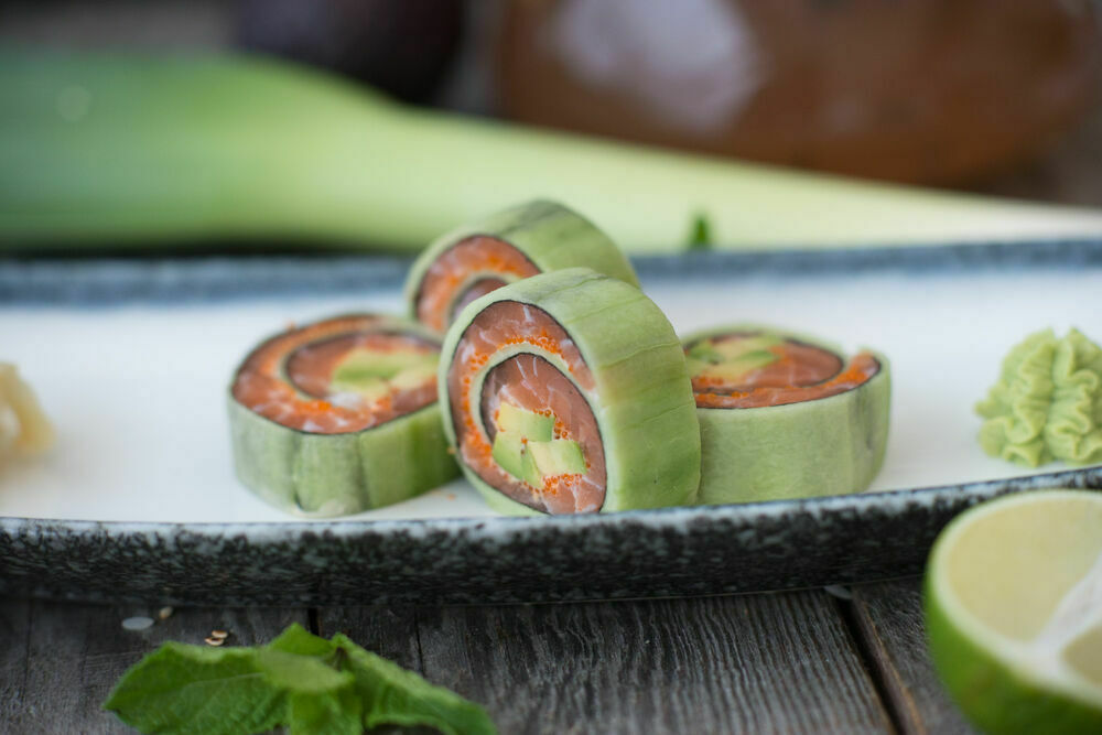 Fresh roll in a cucumber with salmon