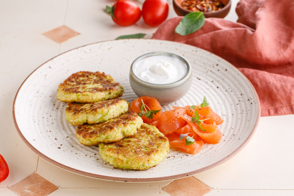 Breakfast zucchini pancakes with salted salmon