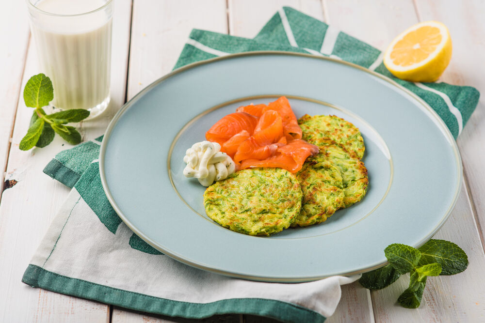 Breakfast zucchini pancakes with salted salmon