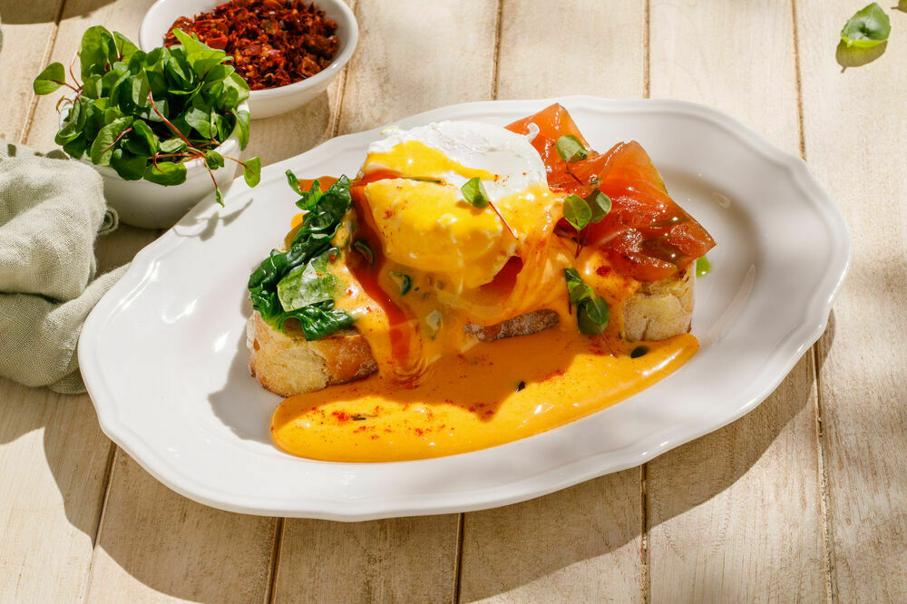 Eggs Benedict with chef-cured salmon 