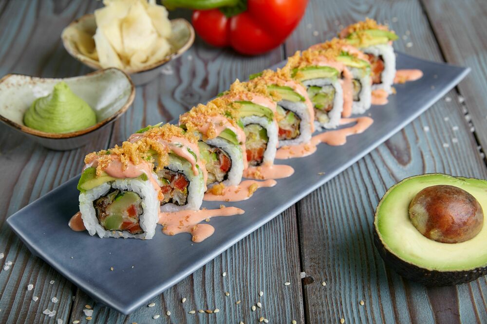 Roll with tempura vegetables with mousse