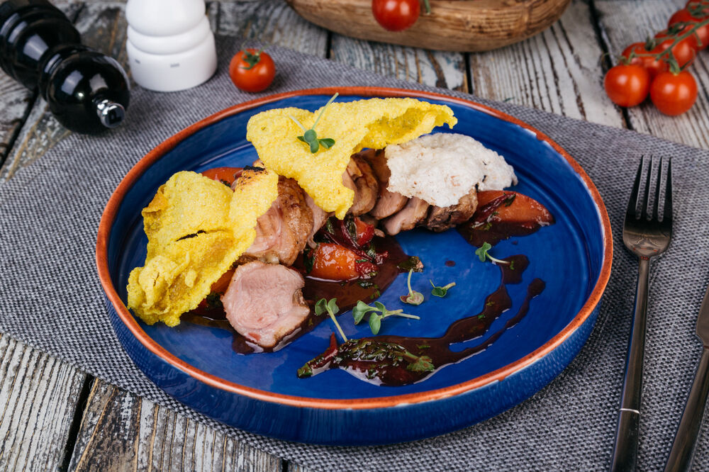 Fried duck with Tkemali sauce