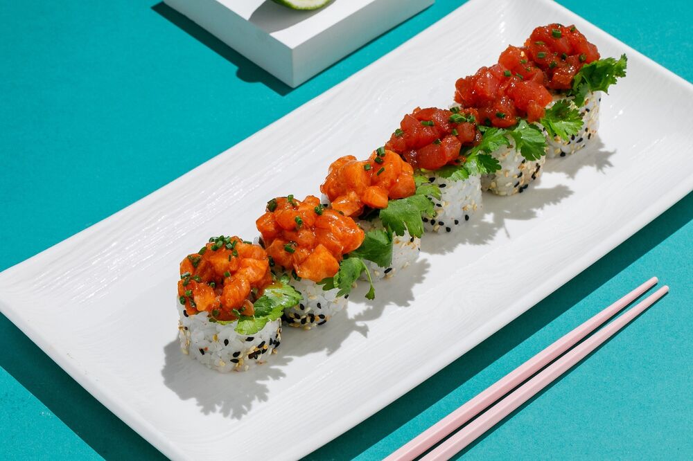 Spicy roll with salmon kimchi