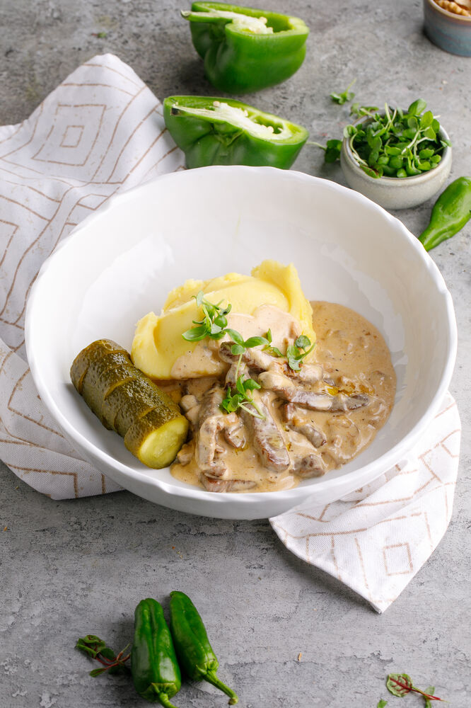Beef Stroganoff with porcini mushrooms and mashed potatoes