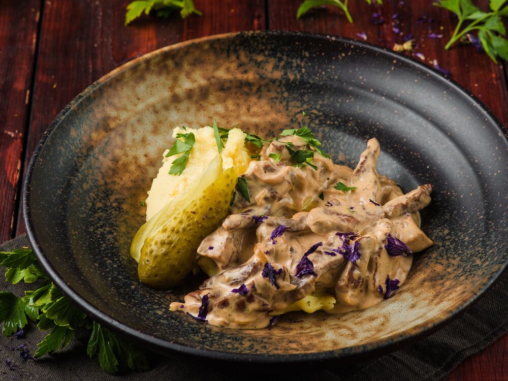Beef Stroganoff with mashed potatoes