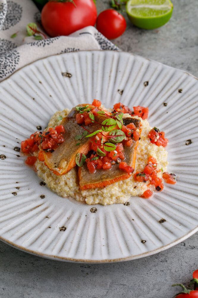 Karelian trout with quinoa and tomato salsa