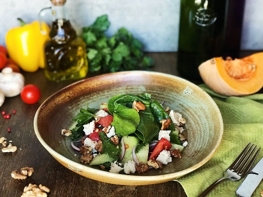 Vegetable salad with Kakhetian oil and Tofu cheese