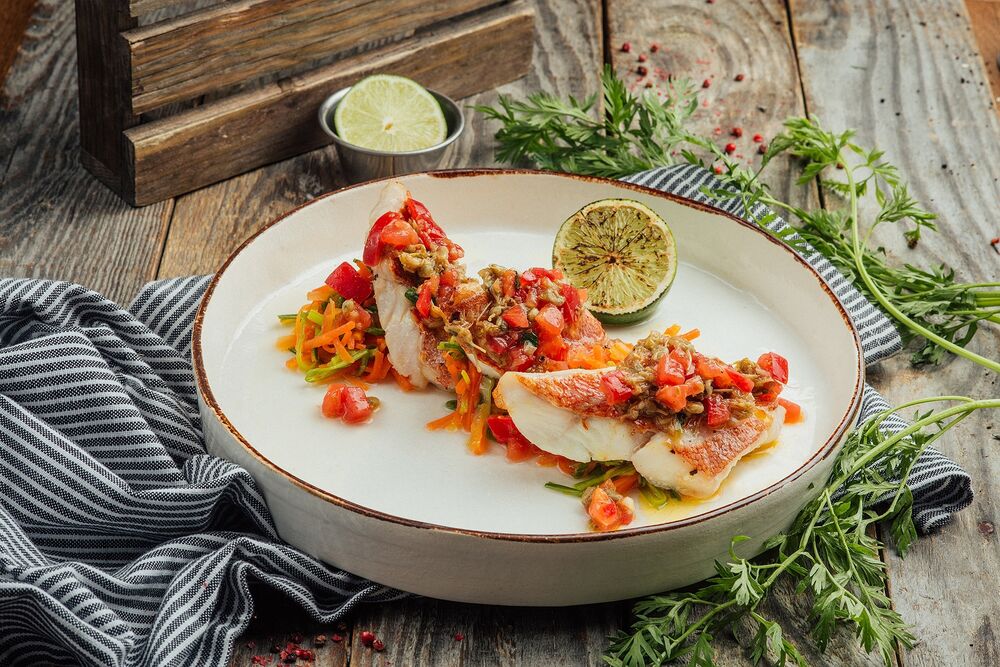 Perch with vegetables and tomato salsa