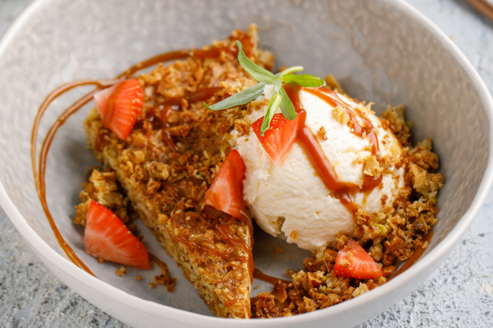 Almond and cheese dessert with salted caramel