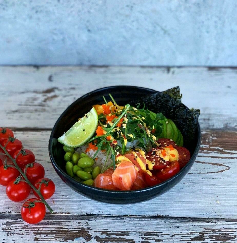 Poke with salmon and man