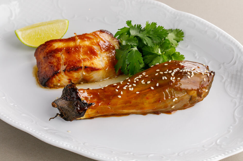 Black cod in miso paste with eggplant