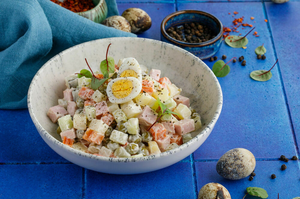 Olivier salad with smoked chicken