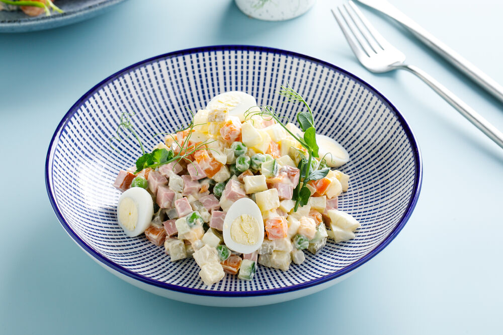Olivier salad with smoked chicken