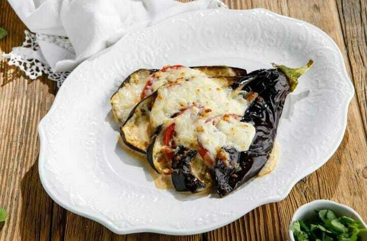 Eggplant fan with tomatoes and suluguni cheese