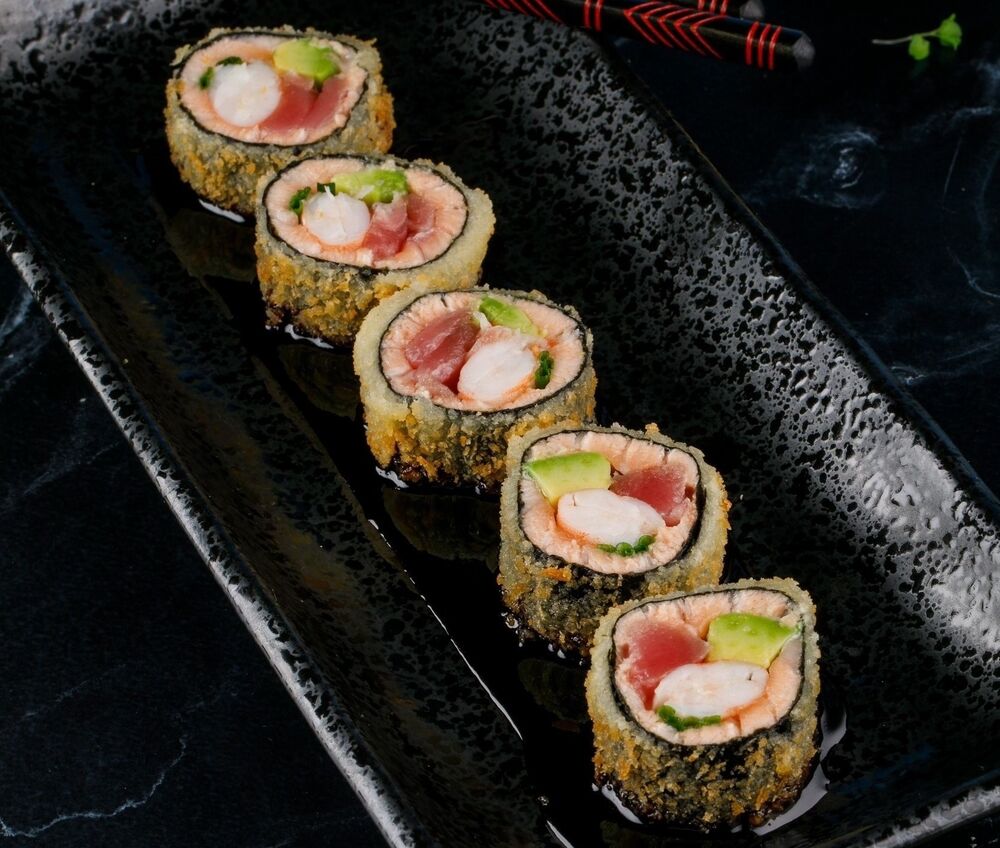 Tempura roll with salmon,  tuna and shrimp