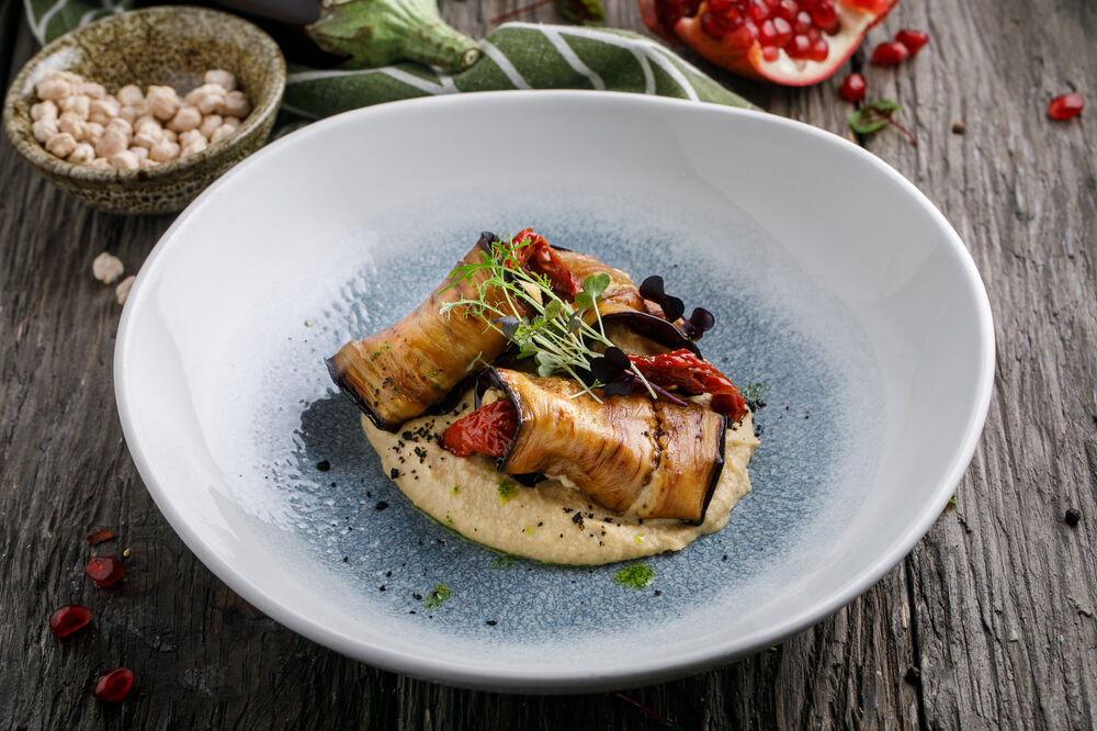 Eggplant rolls stuffed with hummus