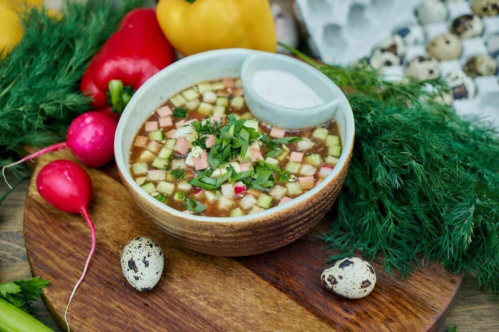 Homemade okroshka on kvass with sausage