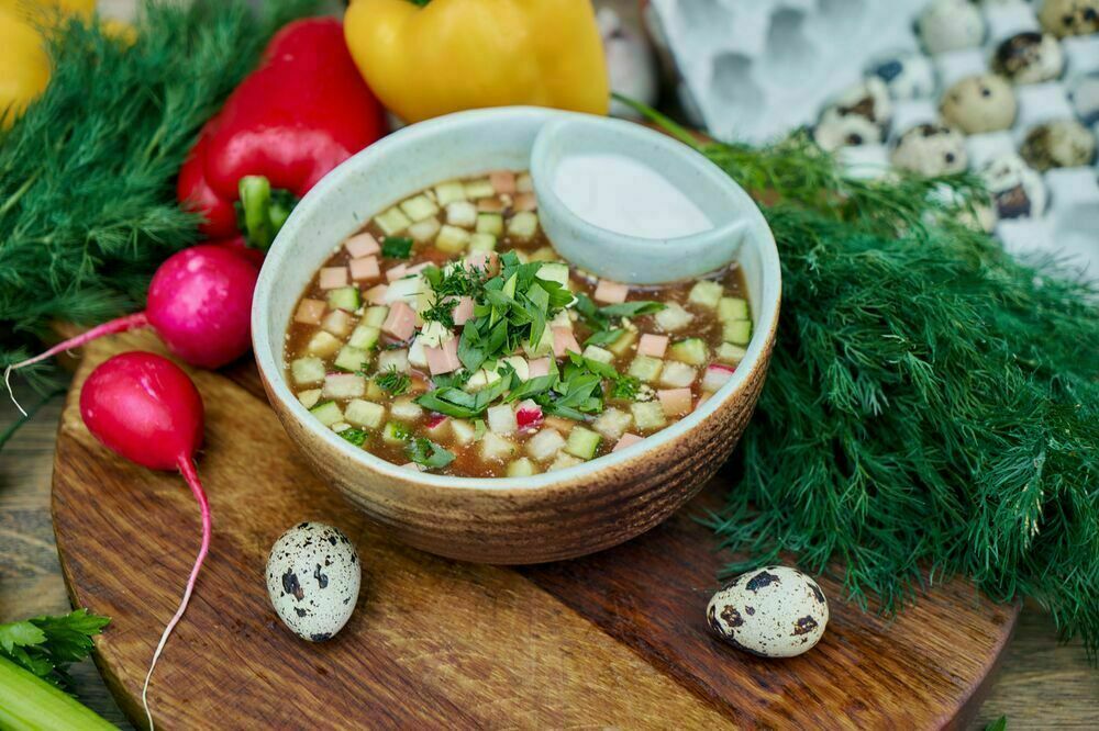 Homemade okroshka with veal roast beef on kvass