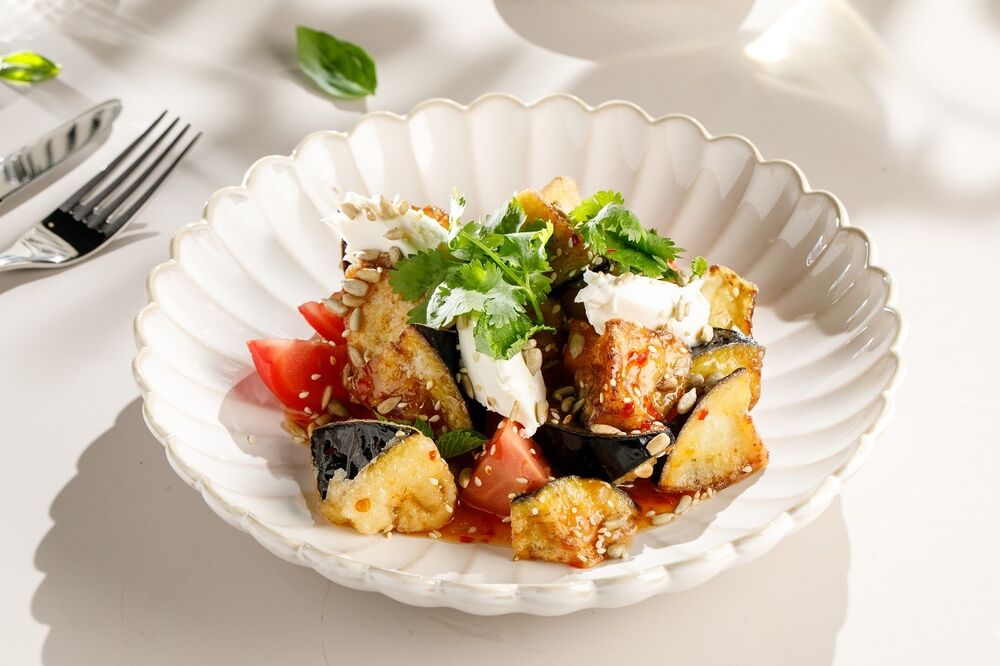 Crispy eggplant and feta cheese salad