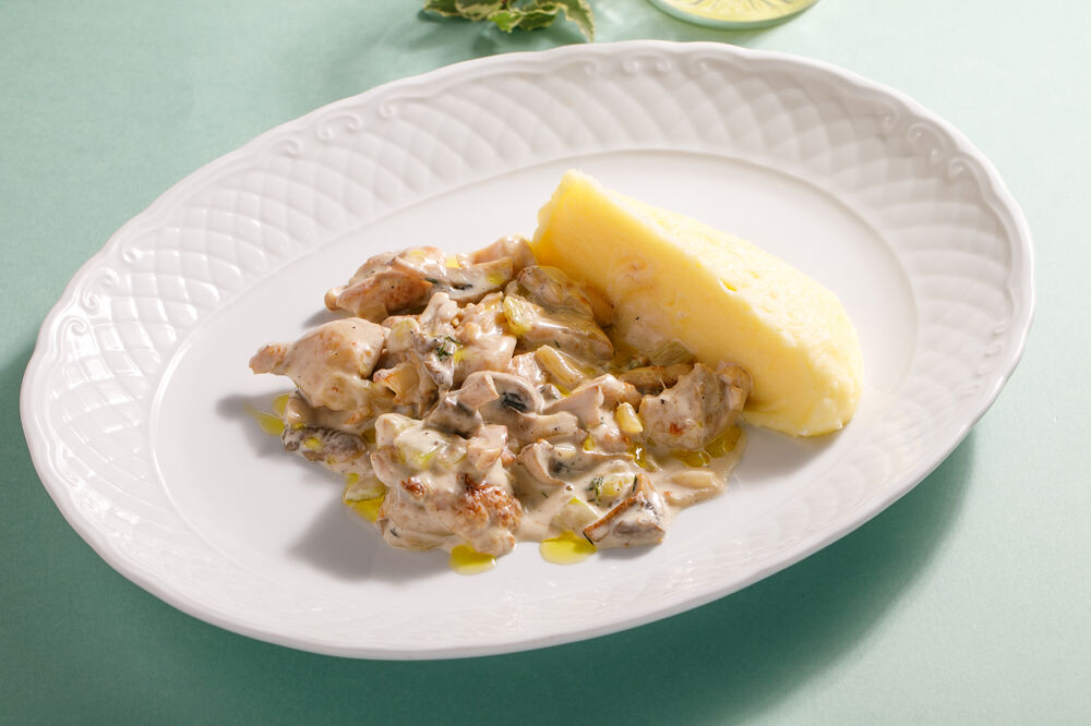 Chicken fricassee with mashed potatoes
