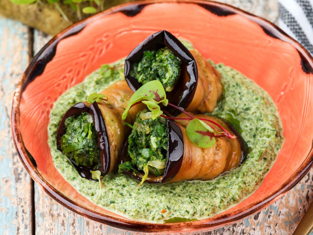 Fried eggplants with spinach and Sotolia sauce