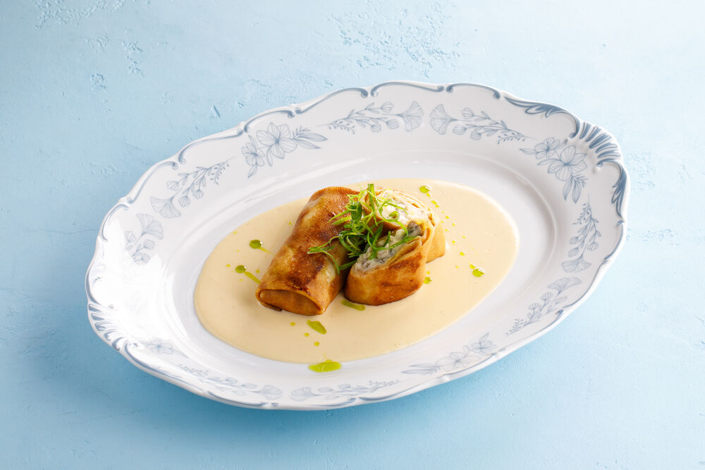 Pancakes with chicken and mushroom julienne