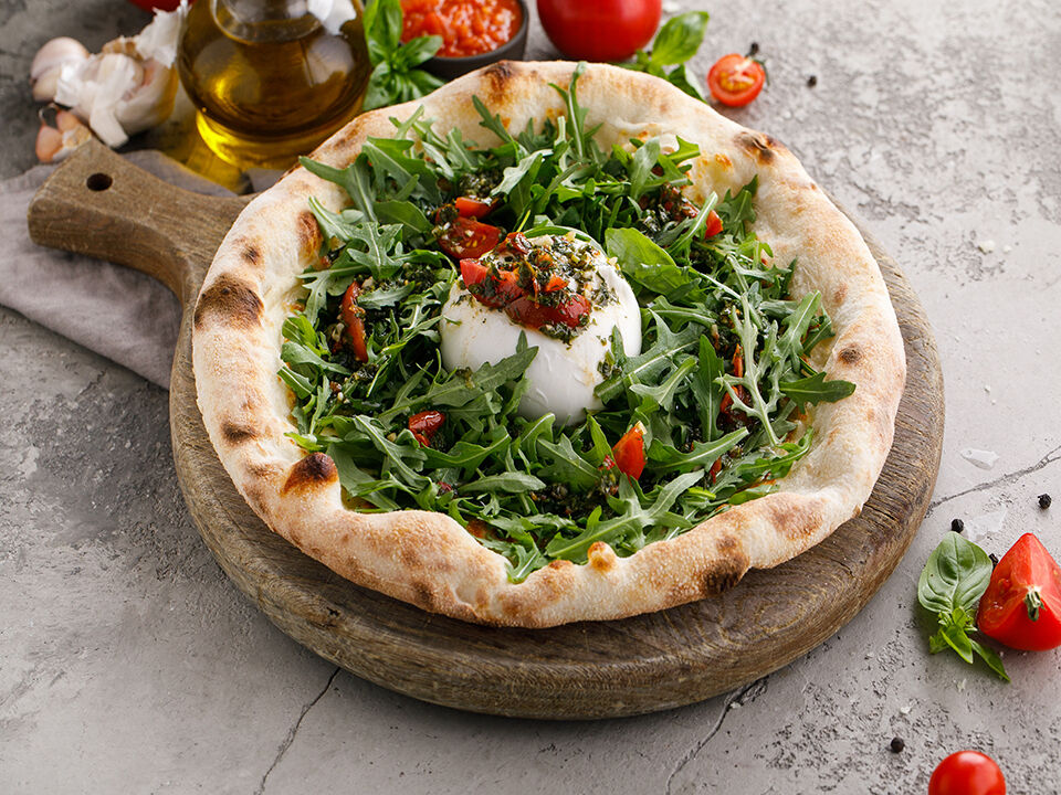 Pizza with burrata with chimichurri