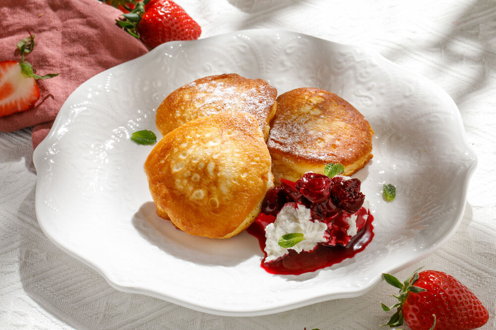 Homemade pancakes with jam and cottage cheese mousse