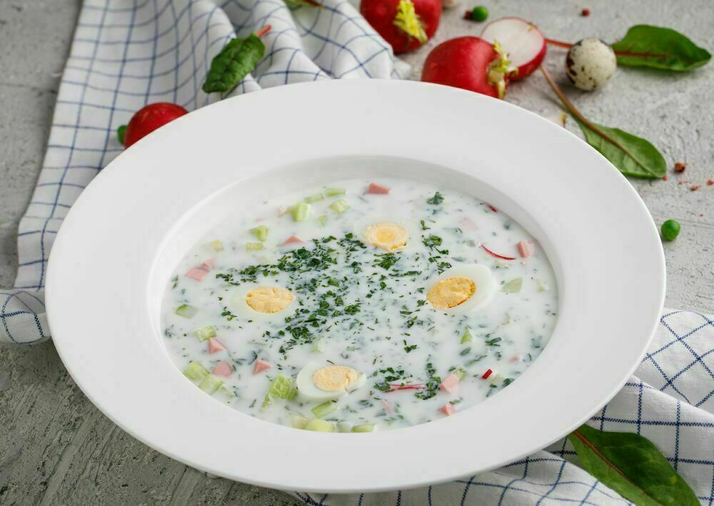 Okroshka with doctor's sausage on matzoni