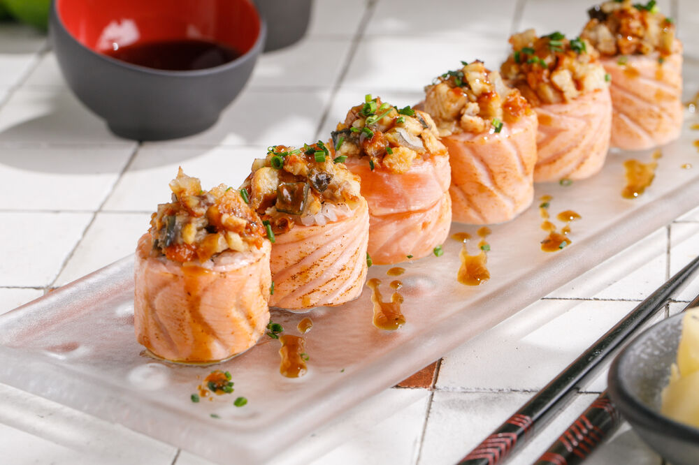 Roll with fried salmon and eel