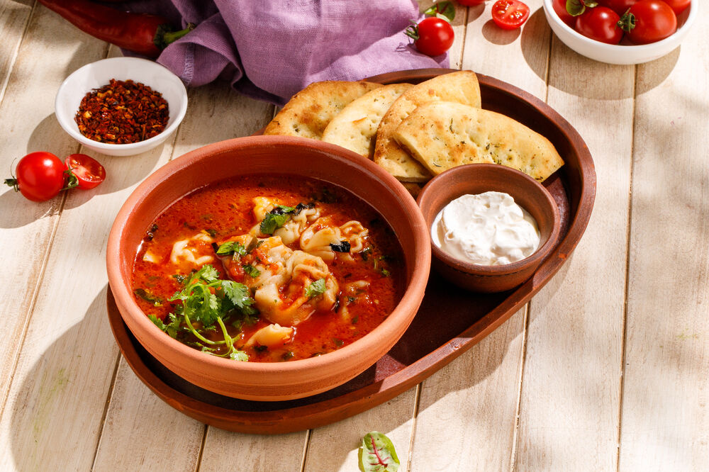 Tomato soup with lamb dumplings