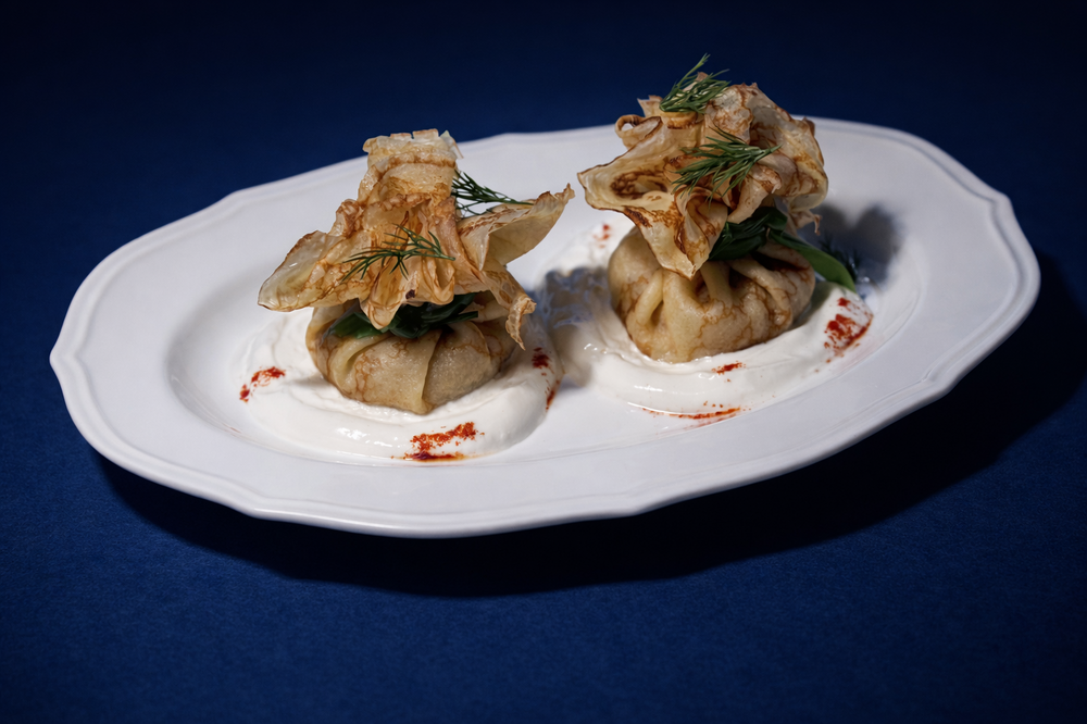 Блины с мясом и подкопченой сметаной