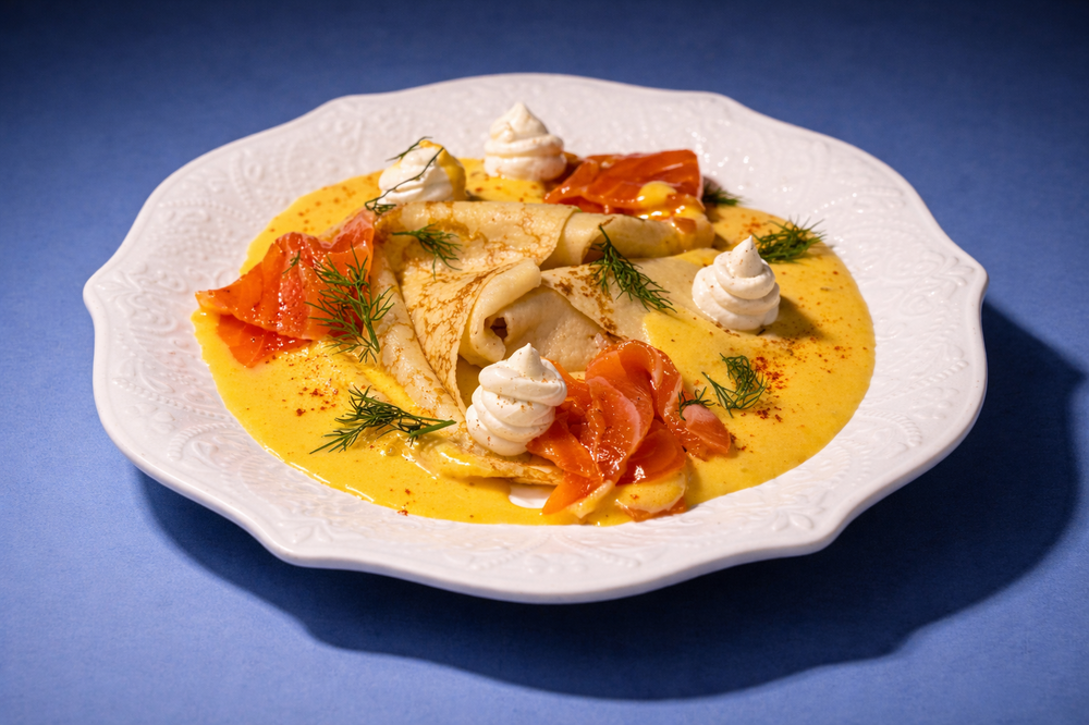 Pancake with chef-cured salmon and hollandaise sauce