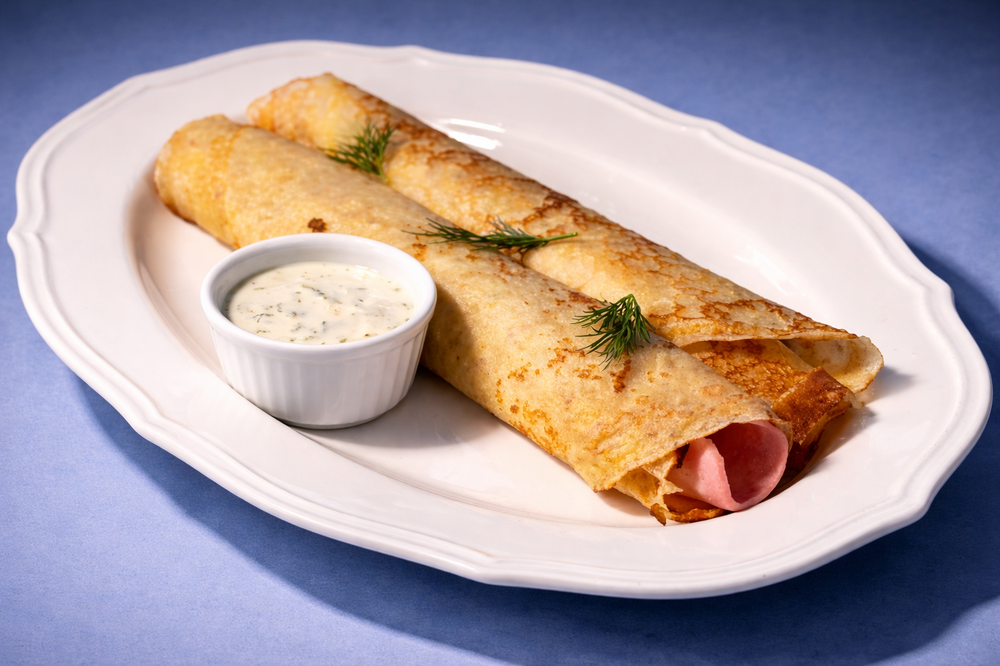 Hearty pancakes with ham and cheese