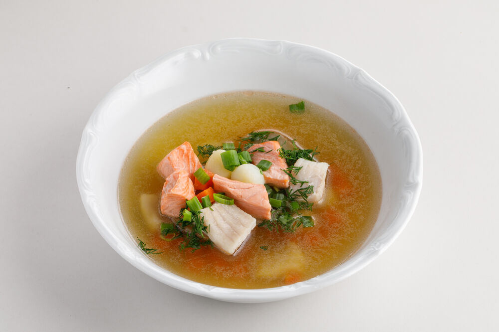 Salmon and cod fish soup