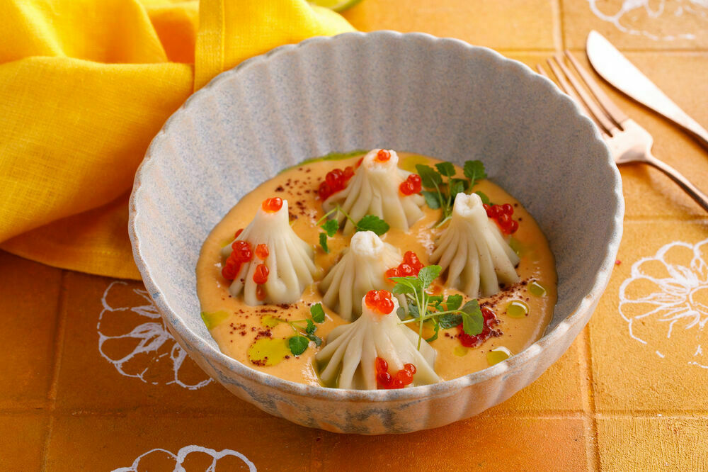 Patara khinkali with seafood in tom yam sauce