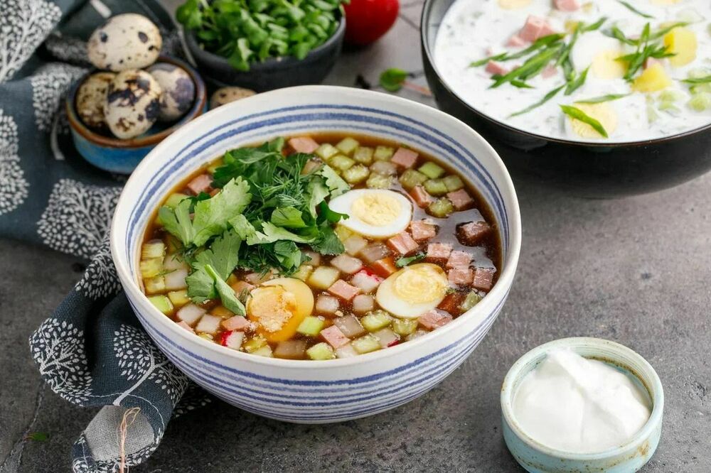 Homemade okroshka with sausage on kvass 